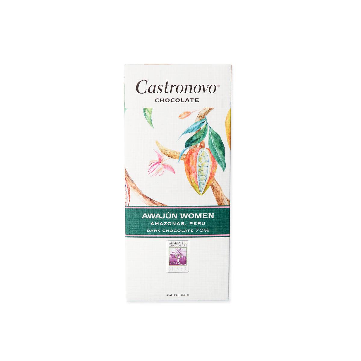 Front view of the Castronovo Chocolate Awajun women 70 percent dark chocolate bar, illustration of cacao pod, against white background 