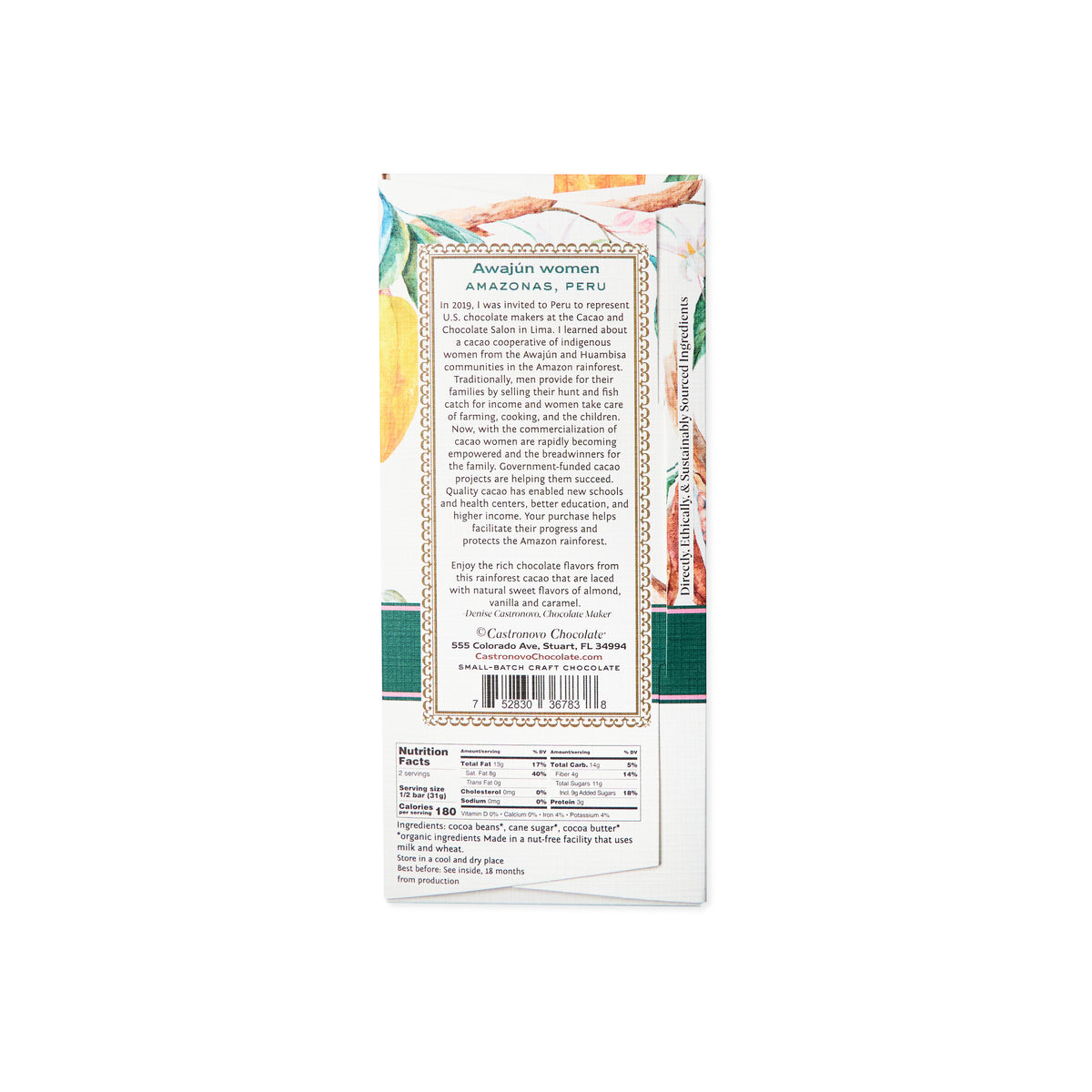 Castronovo Chocolate dark chocolate made with beans harvested by the Awajun women of Peru, view of back label against white background 
