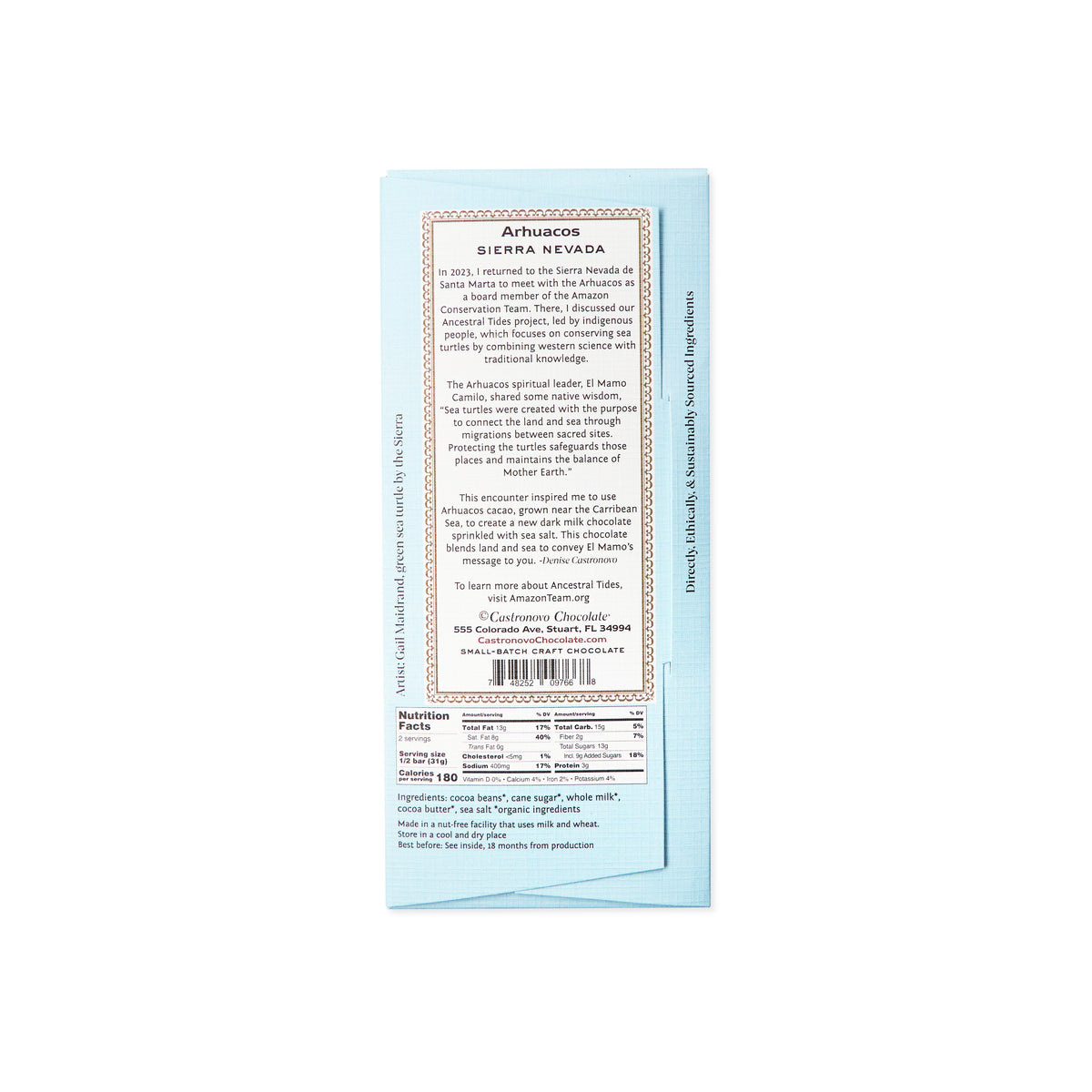 Back label and nutrition information for Castronovo Brand Archuacos dark milk chocolate 