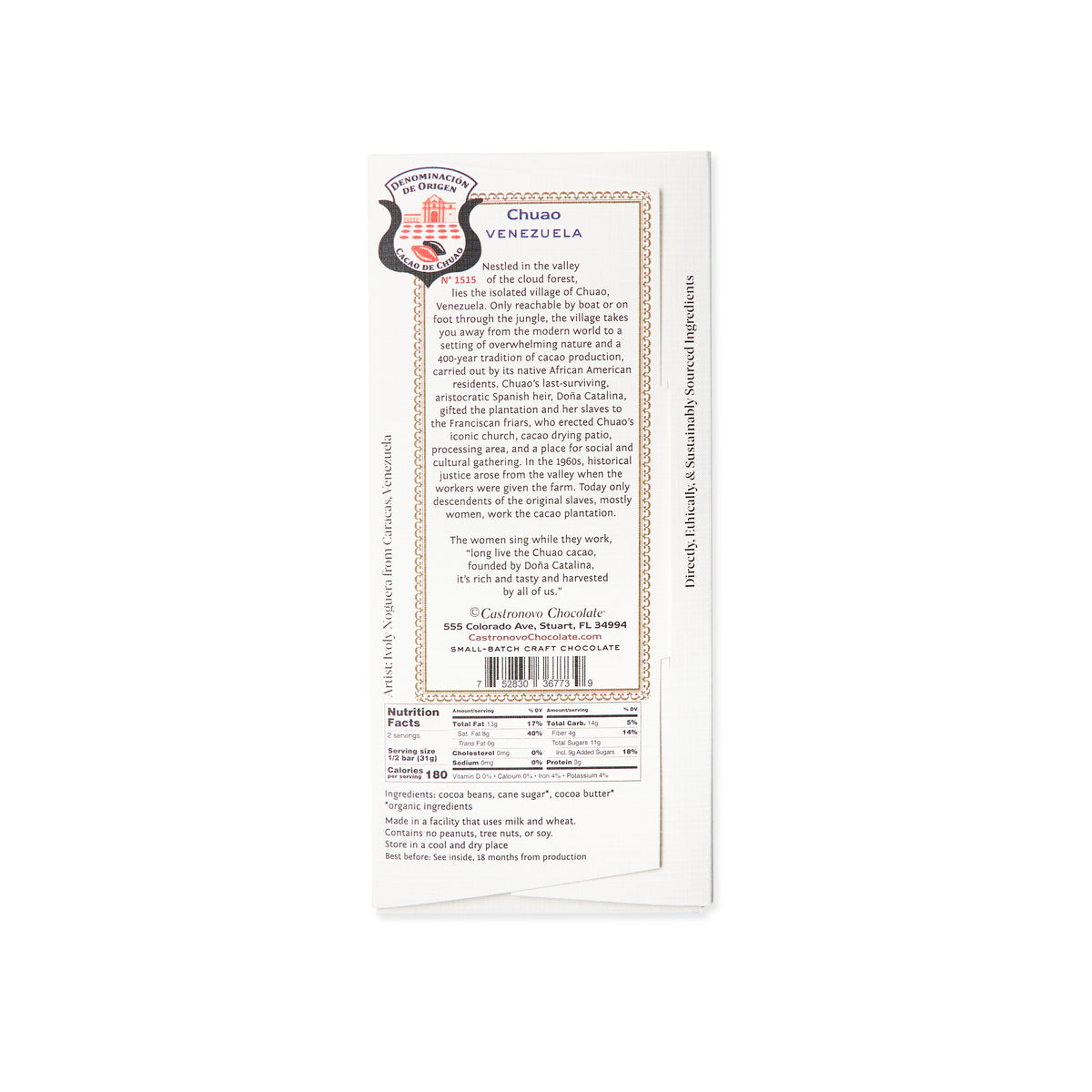 Back label and nutrition information for Castronovo brand Chuao Venezuela dark chocolate 