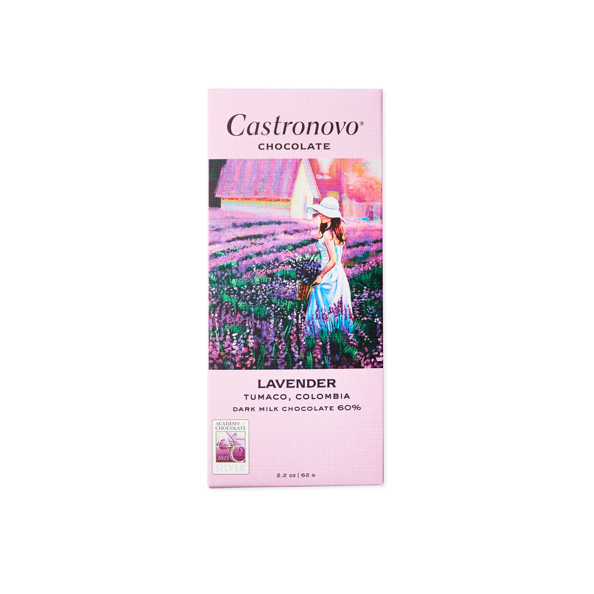 Castronovo Chocolate Dark Milk with Lavender bar, light purple packaging with illustration of woman in lavender field, against white background 