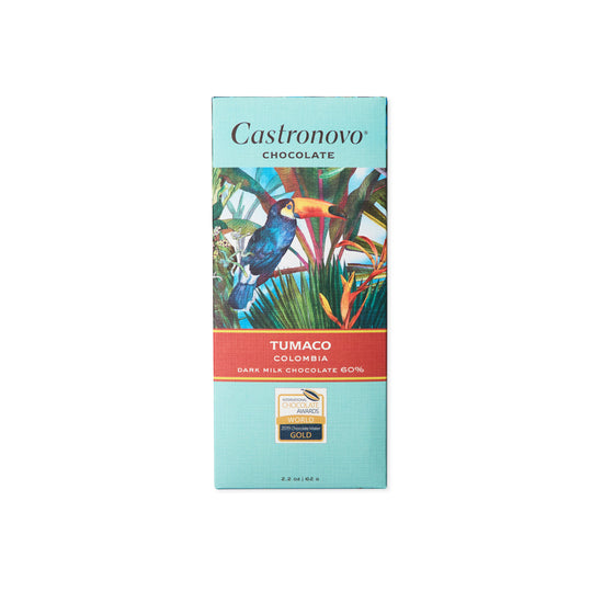 Front view of Castronovo brand Tumaco Colombia 60 percent dark milk chocolate against white background 