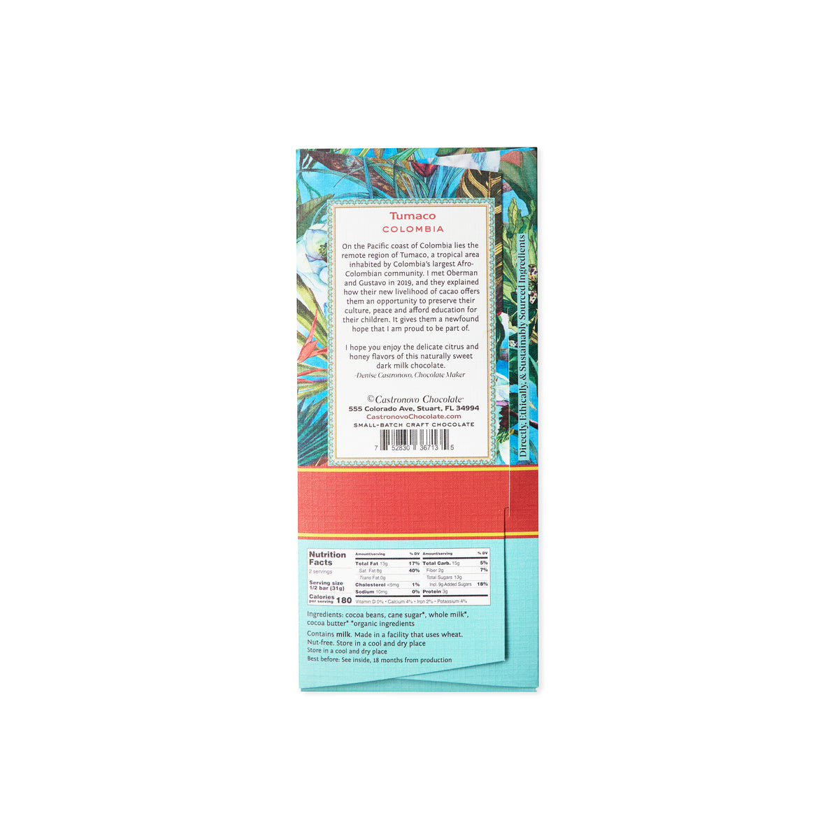 Back label and nutrition facts for Castronovo brand Tumaco dark milk chocolate; against white background 
