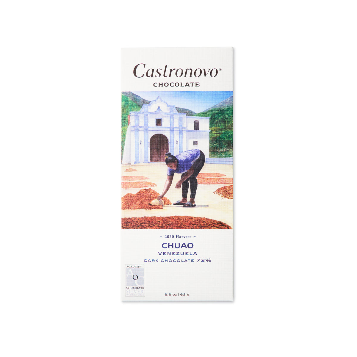 72 percent dark chocolate bar with illustration of woman sorting cacao beans on cover