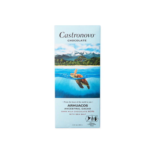 Dark milk chocolate bar with sea salt with illustration of sea turtle against white background 