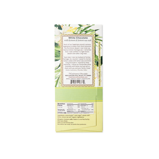 Back label of Castronovo Chocolate white chocolate with lemon bar against a white background 