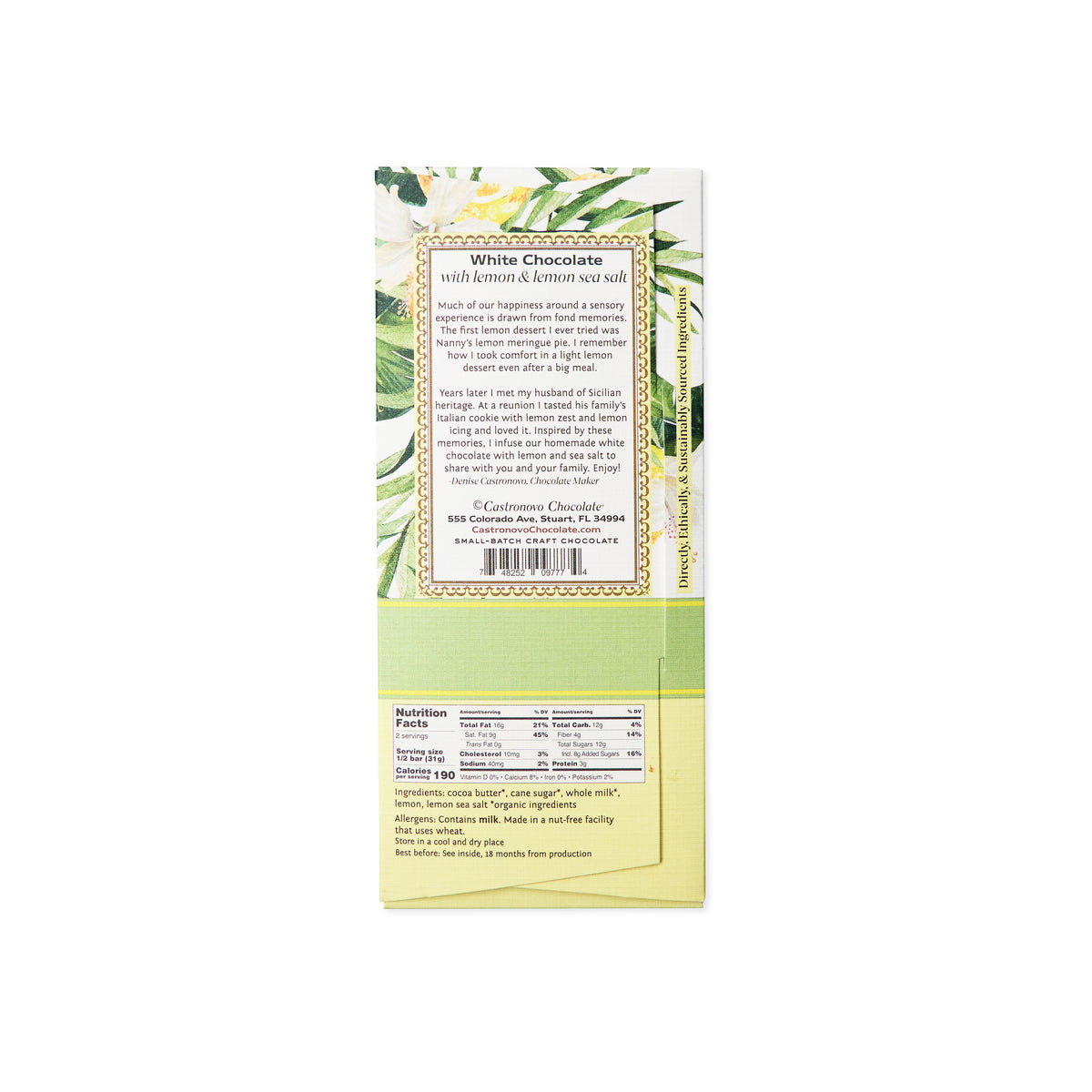 Back label of Castronovo Chocolate white chocolate with lemon bar against a white background 